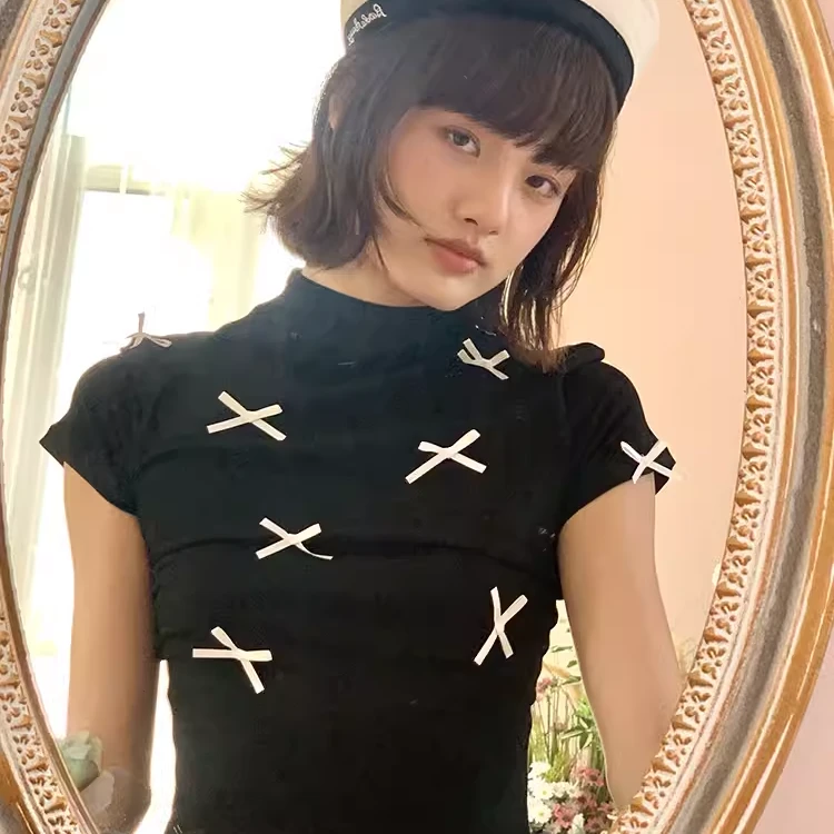 【自播】礼物商店 舒适短袖修身弹力蝴蝶结T恤 夏季甜美纯色