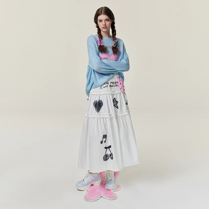 【自播】ISC 艺术家原创涂鸦印花白色花边显瘦a字半身长裙