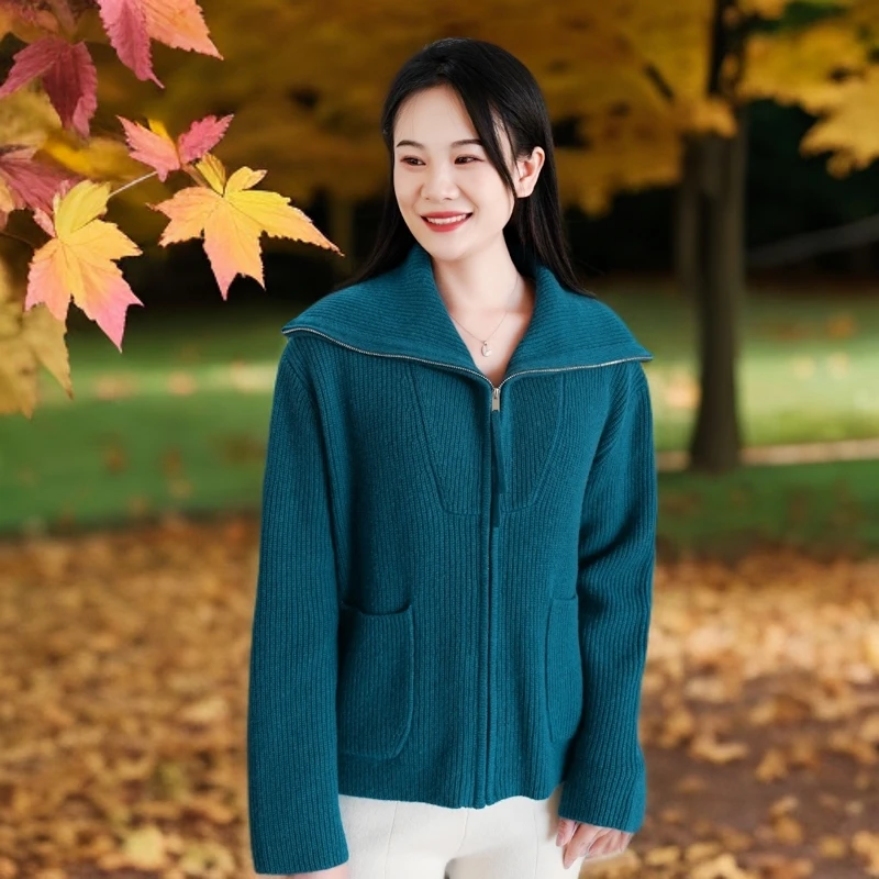 【昭乌达】纯羊绒加厚大翻领开衫韩版长袖时尚纯羊绒开衫