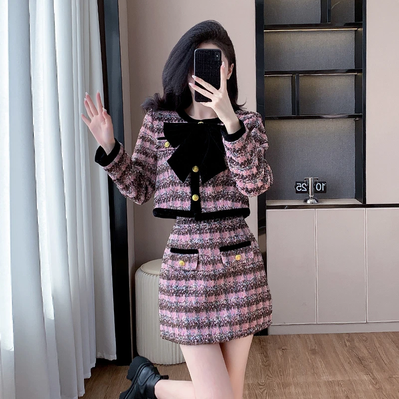 法式蝴蝶结小香风粉色格子半身裙套装气质名媛加厚两件套女2024