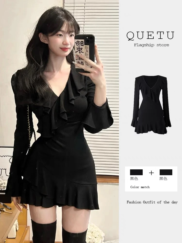 纯欲风性感V领长袖连衣裙女早秋新款掐腰显瘦荷叶边黑色包臀短裙