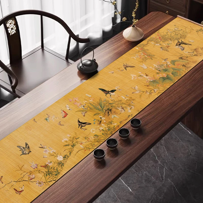 百蝶图桌旗天然楠竹茶席茶桌垫干泡茶旗新中式禅意纯手工工艺茶席