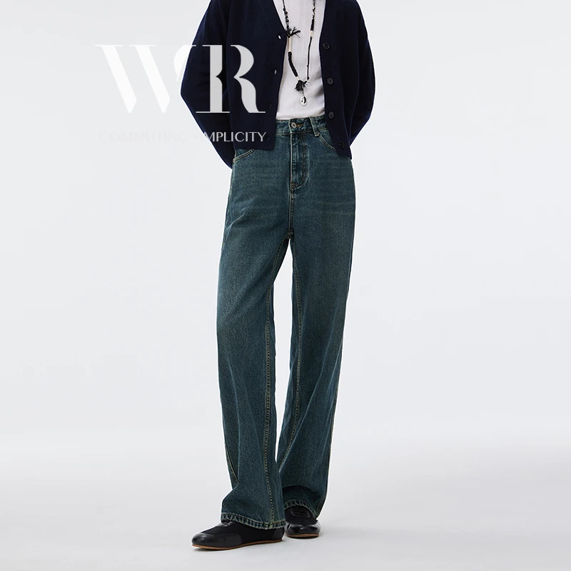 WR【挺括有型】柔软舒适 加绒高腰阔腿牛仔裤女宽松直筒拖地裤6833