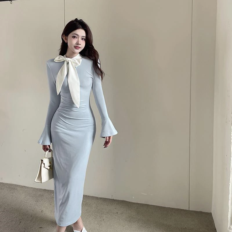 Nini【爱意不尽】 秋冬蝴蝶结长袖连衣裙御姐显瘦包臀长裙女