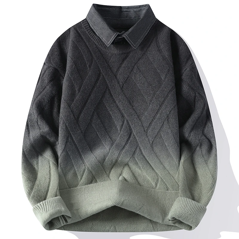 渐变色毛衣男款冬季衬衫领男士针织衫潮牌打底高级感假两件毛线衣