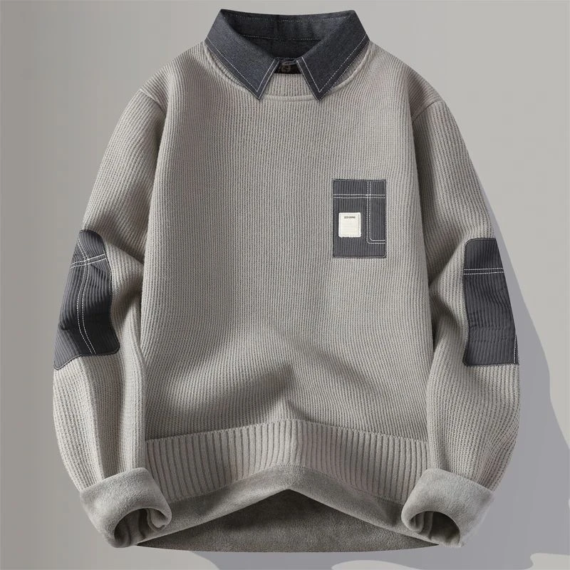 一体加厚毛衣男秋冬季潮牌青年加绒假两件休闲保暖衬衫针织衫男款