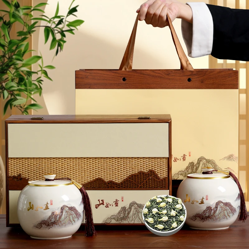 茉莉花茶礼盒装陶瓷高端茶礼茉莉飘雪茶叶江山如画送人送礼有面子