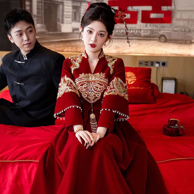 中式红色孕妇敬酒服新娘新款高腰遮肚大码小个子日常订婚秀禾服冬