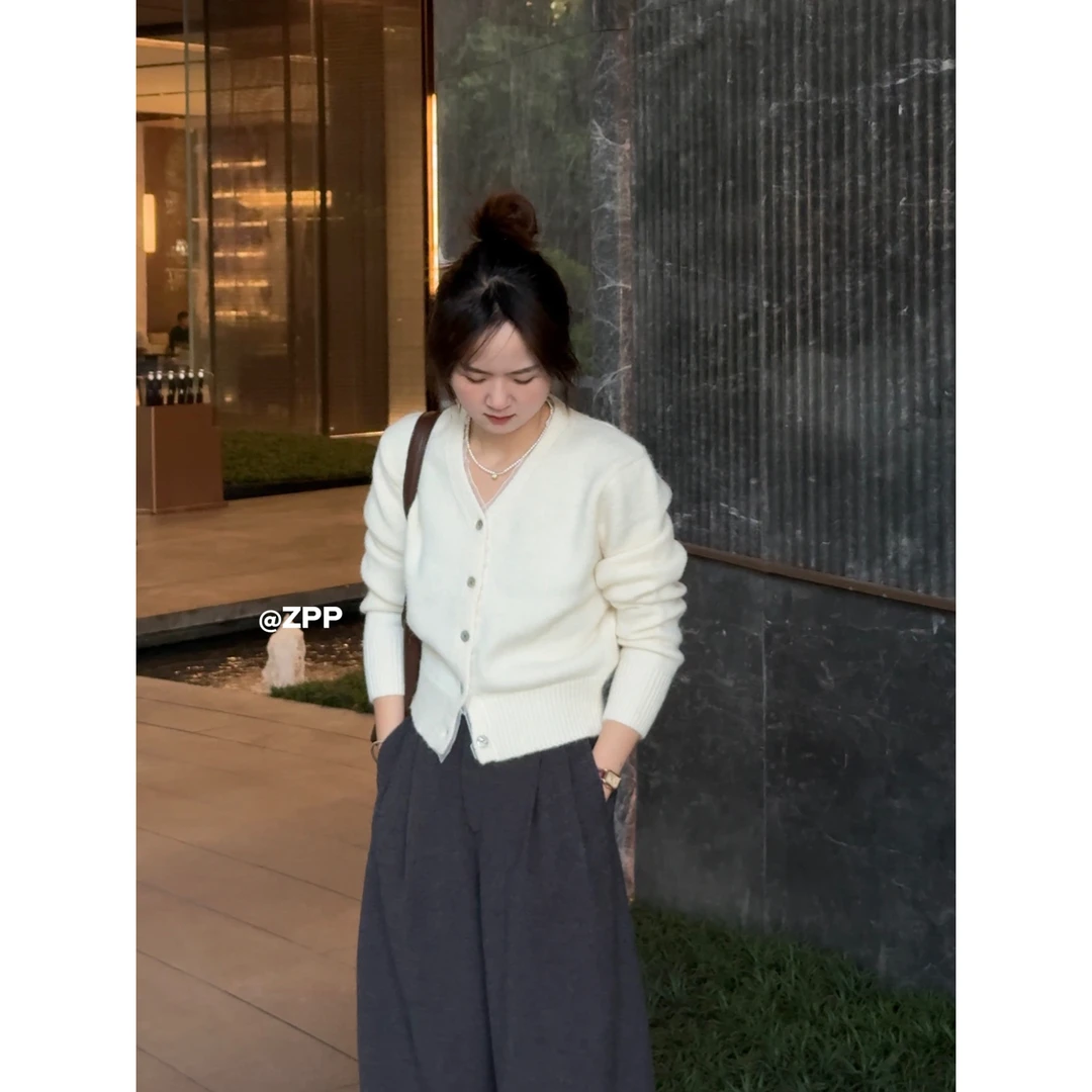 PP~网纱拼接v领开衫女V领韩版小个子毛衣简约宽松上衣