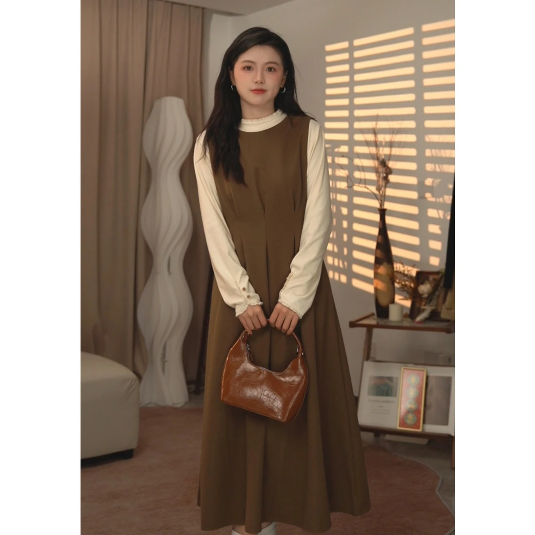 圆圆 【榛果大道】气质休闲百搭A字无袖复古长款设计连衣裙 YY 6753