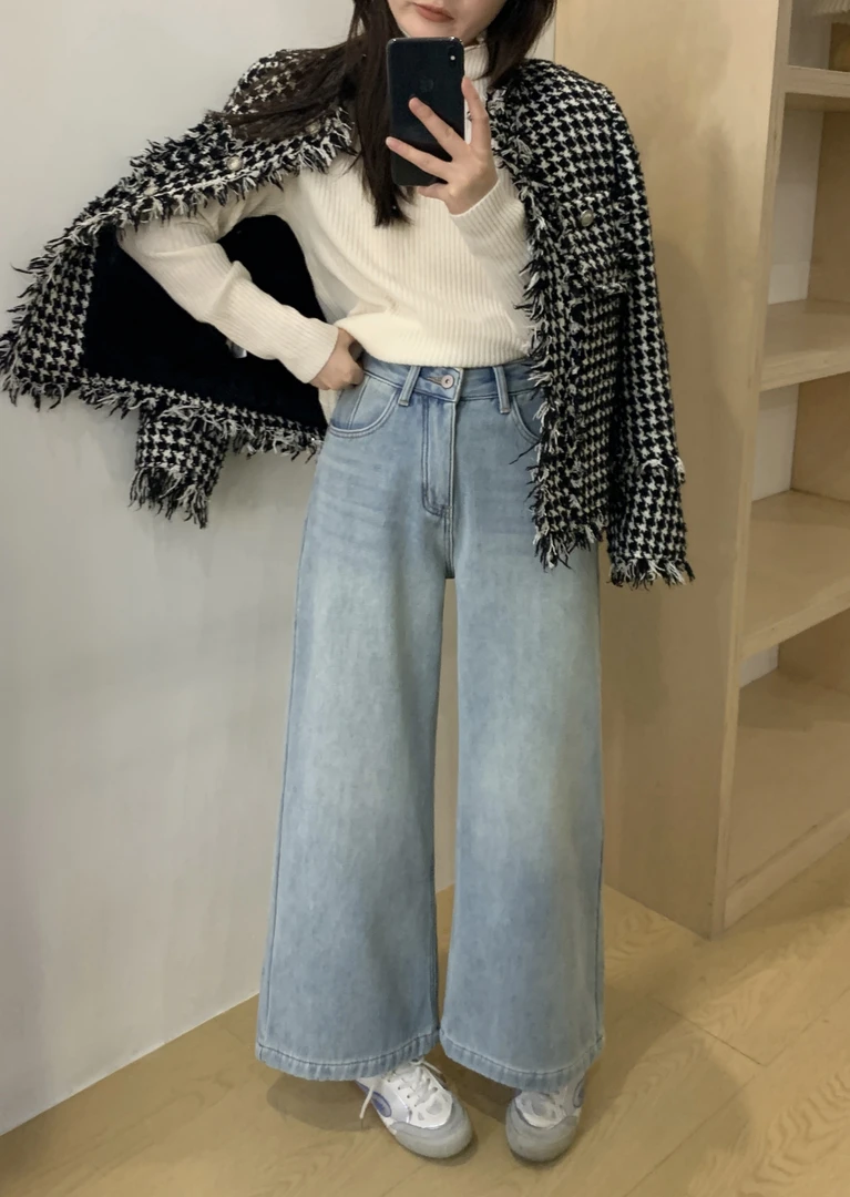 欧韩货新款牛仔宽松阔腿裤爆款小众设计九分裤