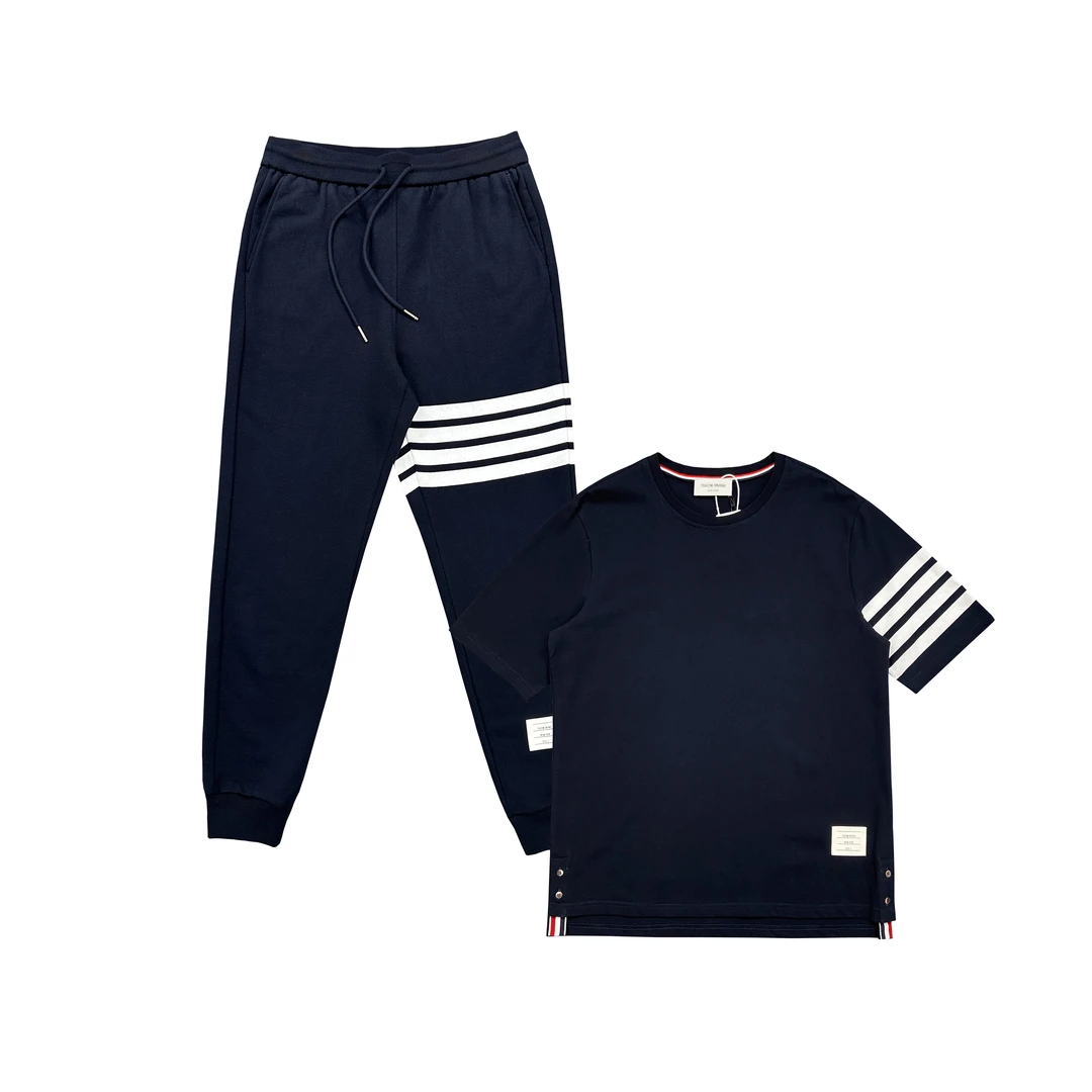 时尚薄款纯棉针织休闲裤色织四条杠全棉情侣长裤圆领短袖T恤套装