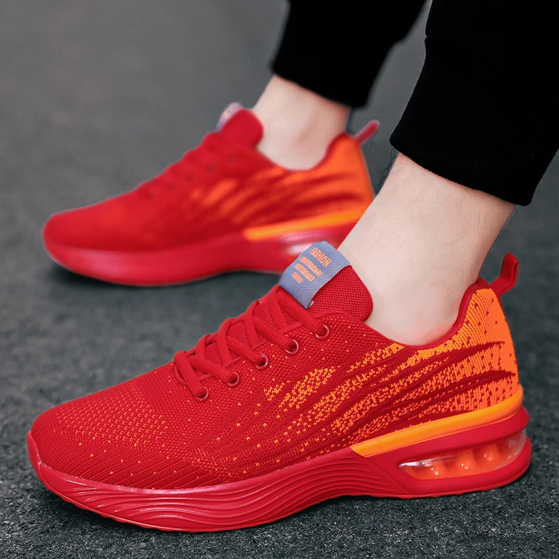 男鞋春季透气红色网鞋气垫减震跑步鞋软底运动休闲鞋本命年潮鞋