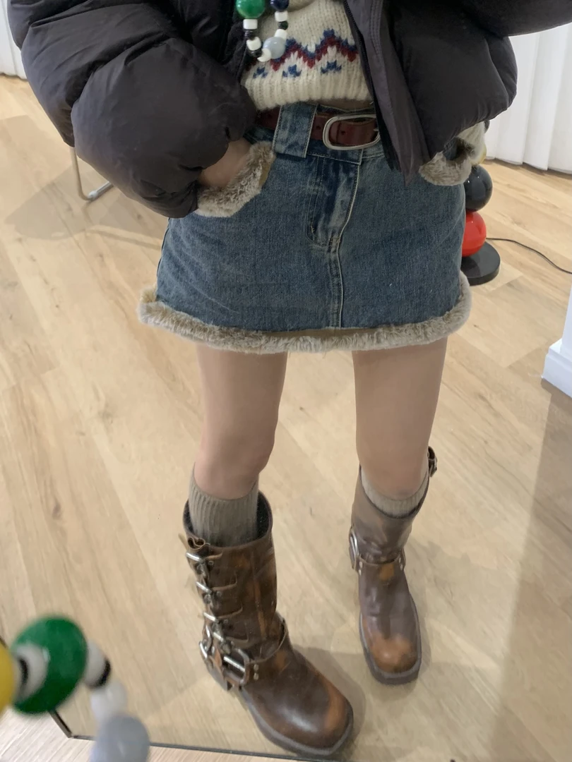 *秋冬拼接毛毛牛仔短裙牛仔短裤显瘦短款复古毛边