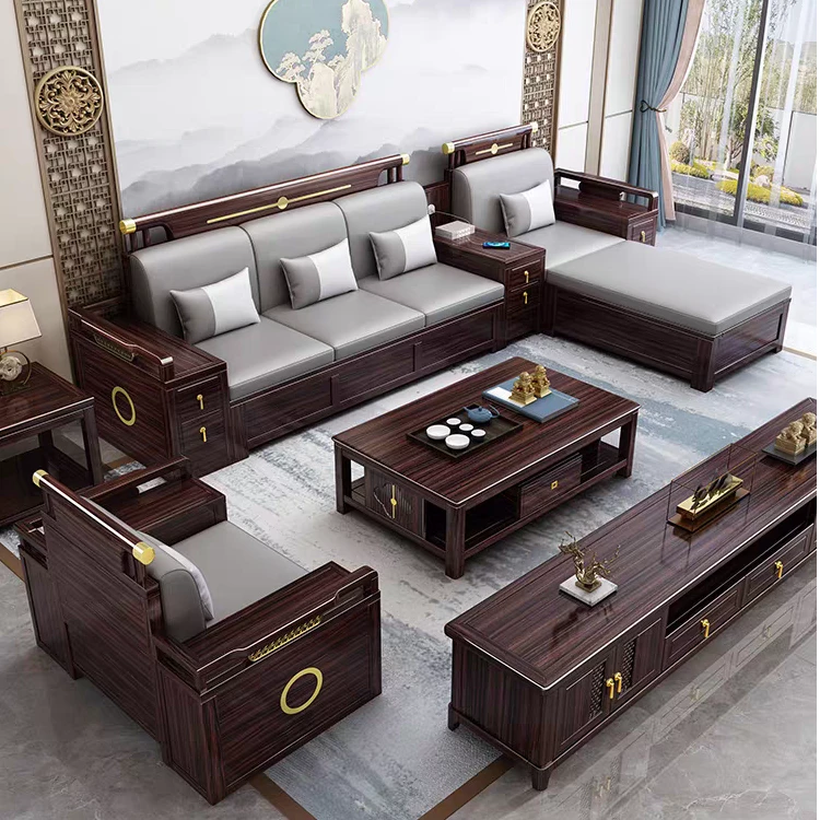 新中式乌金木成套沙发客厅现代轻奢小户型转角高箱储物家具单人位