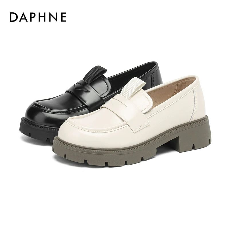 Daphne/达芙妮厚底一脚蹬圆头乐福鞋新款秋季女鞋正品黑色小皮鞋