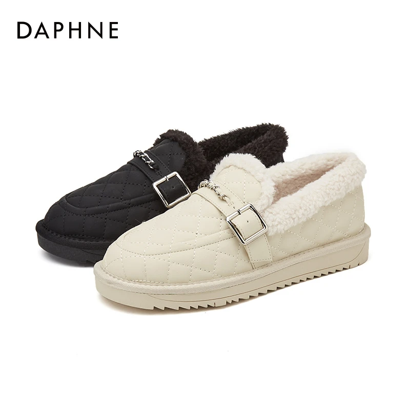 达芙妮品牌22冬季时尚百搭平底圆头乐福鞋加绒豆豆毛毛鞋女