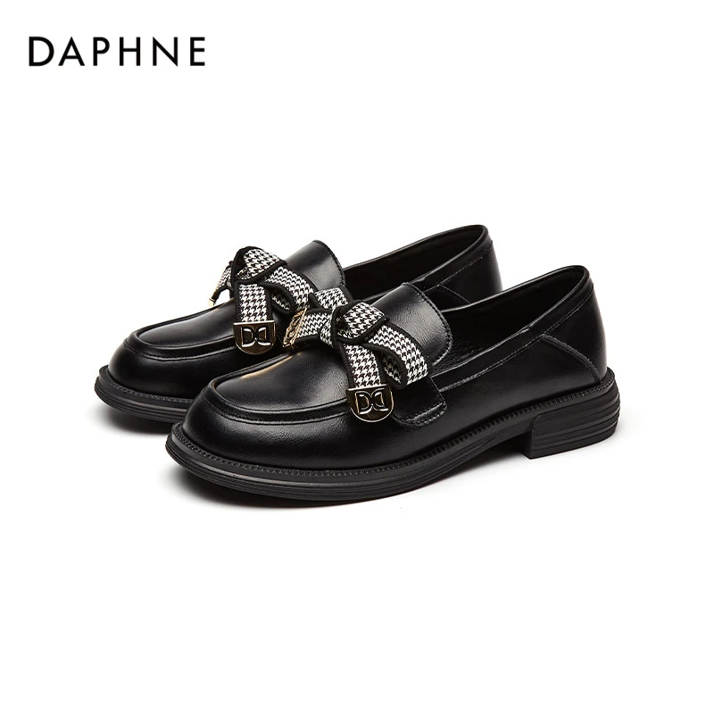 Daphne/达芙妮正品女鞋新款黑色皮鞋时尚百搭气质休闲英伦风单鞋1