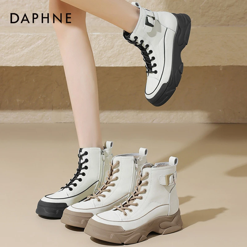 Daphne/达芙妮厚底小短靴新款秋季时尚中筒靴子小个子系带马丁靴
