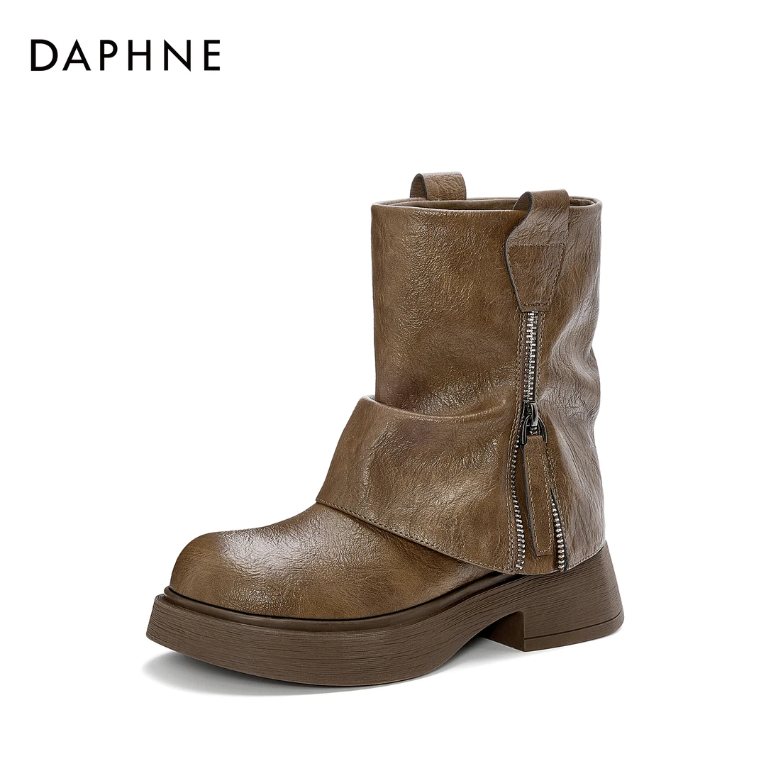 达芙妮24年秋冬上新款气质复古百搭侧拉做旧废土风时装短靴