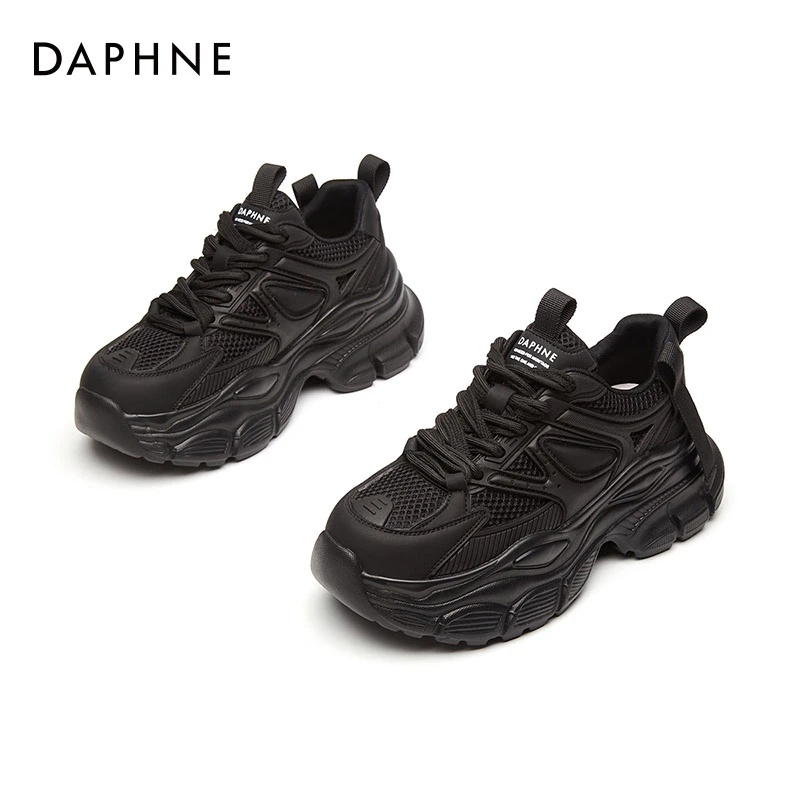 Daphne/达芙妮时尚休闲鞋23新款黑色系带网红老爹鞋软底增高女鞋