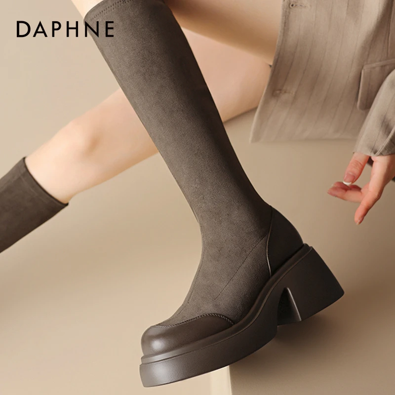 Daphne/达芙妮长筒靴女款新款时尚春秋小个子厚底不过膝高筒靴子
