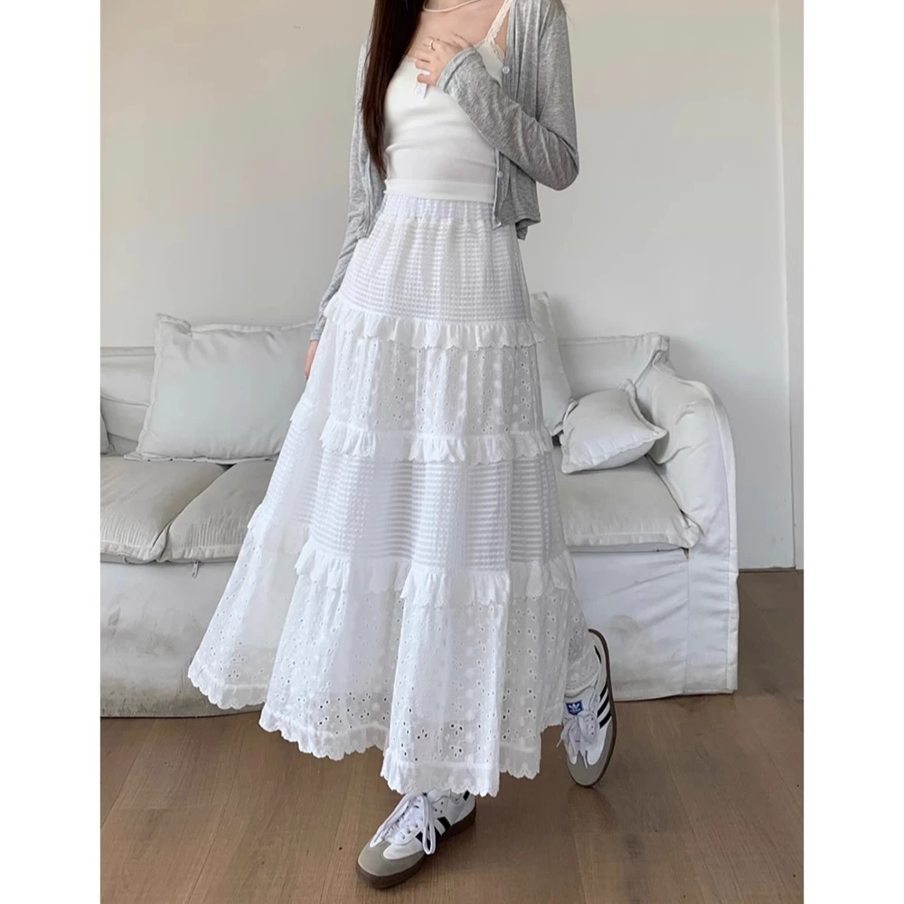 温柔风蕾丝花边白色半身裙女春季新款高腰显瘦甜美蛋糕A字长裙子