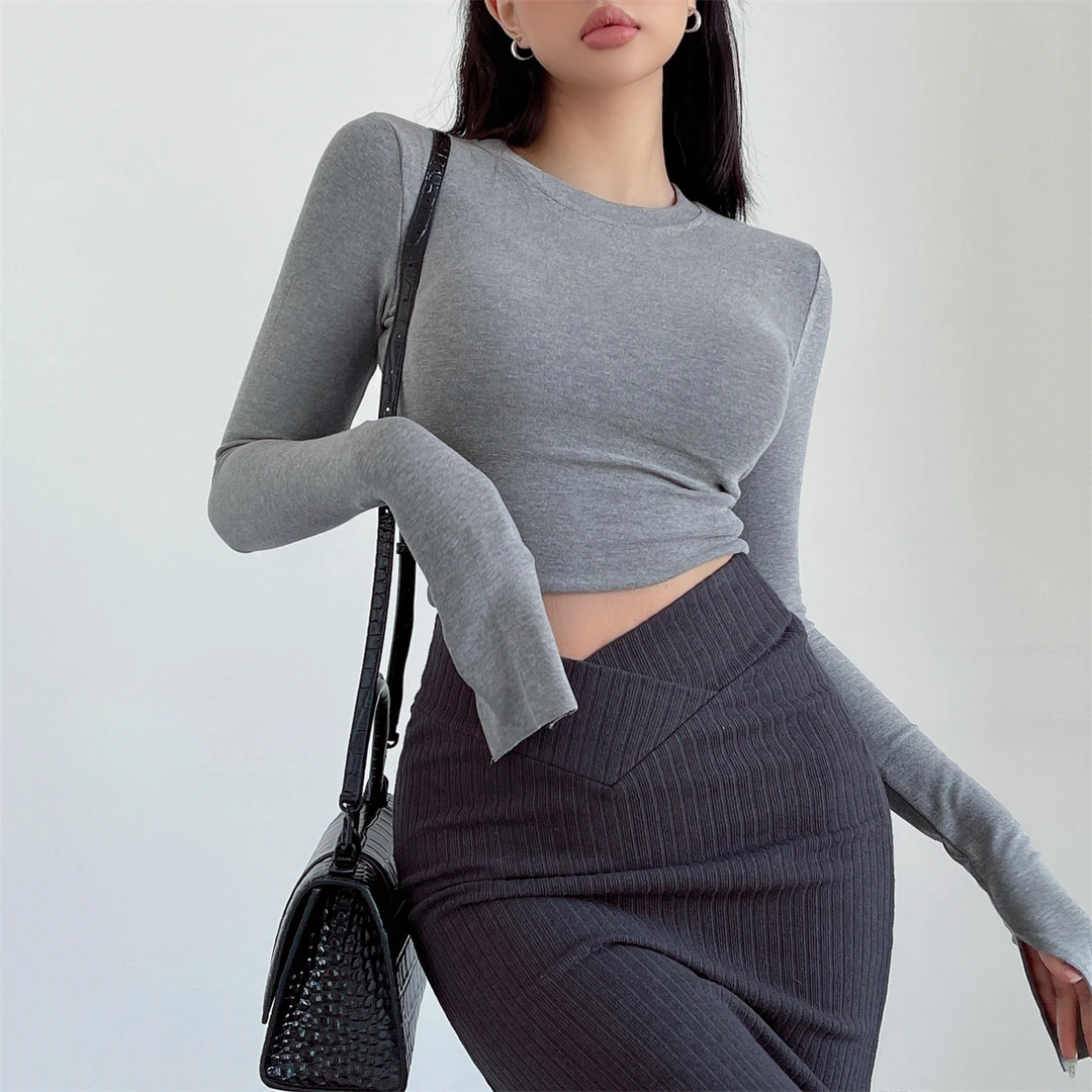 liviahome 欧美性感圆领开叉T恤女秋季短款长袖高腰露脐打底衫