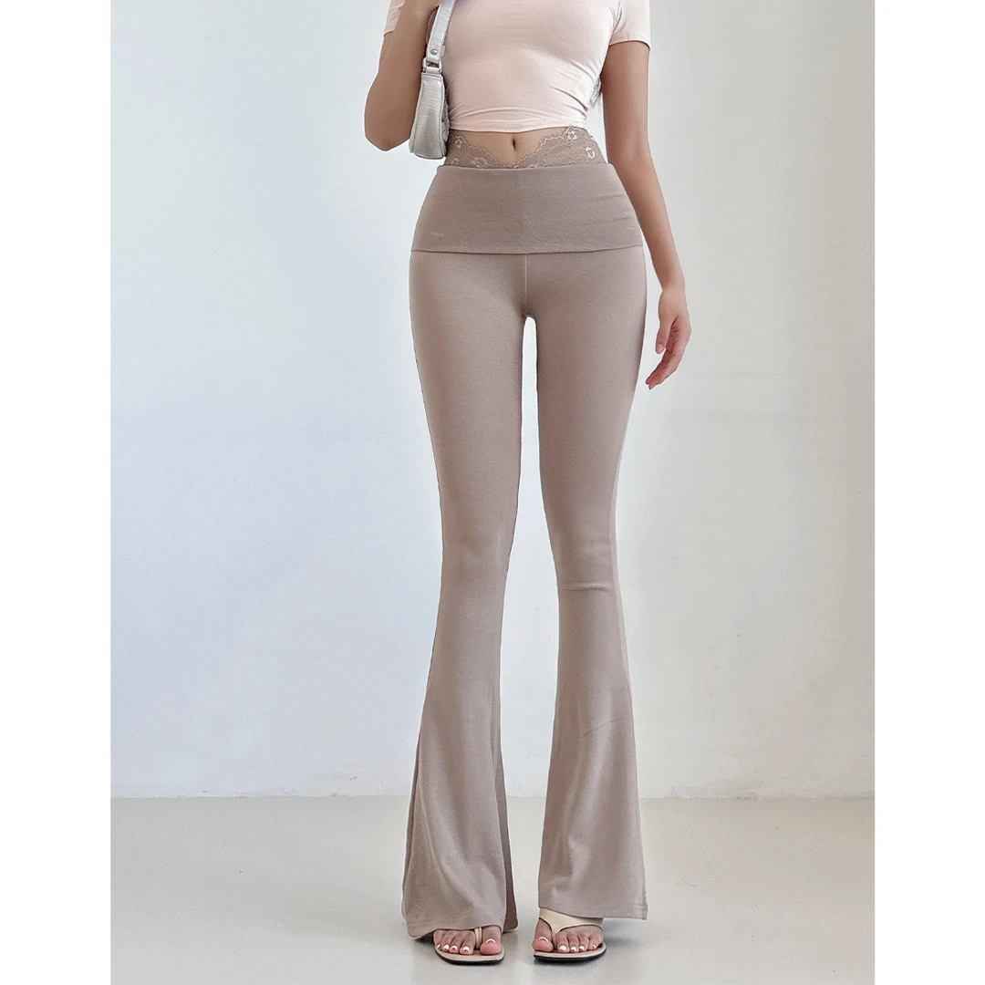 liviahome 纯欲蕾丝拼接V腰修身微喇裤高腰显瘦休闲打底长裤女