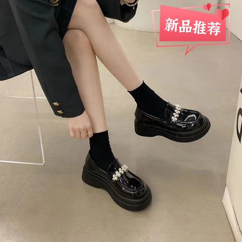 【万象撤柜】乐福鞋女2023秋季新款法式珍珠英伦风百搭厚底小皮鞋
