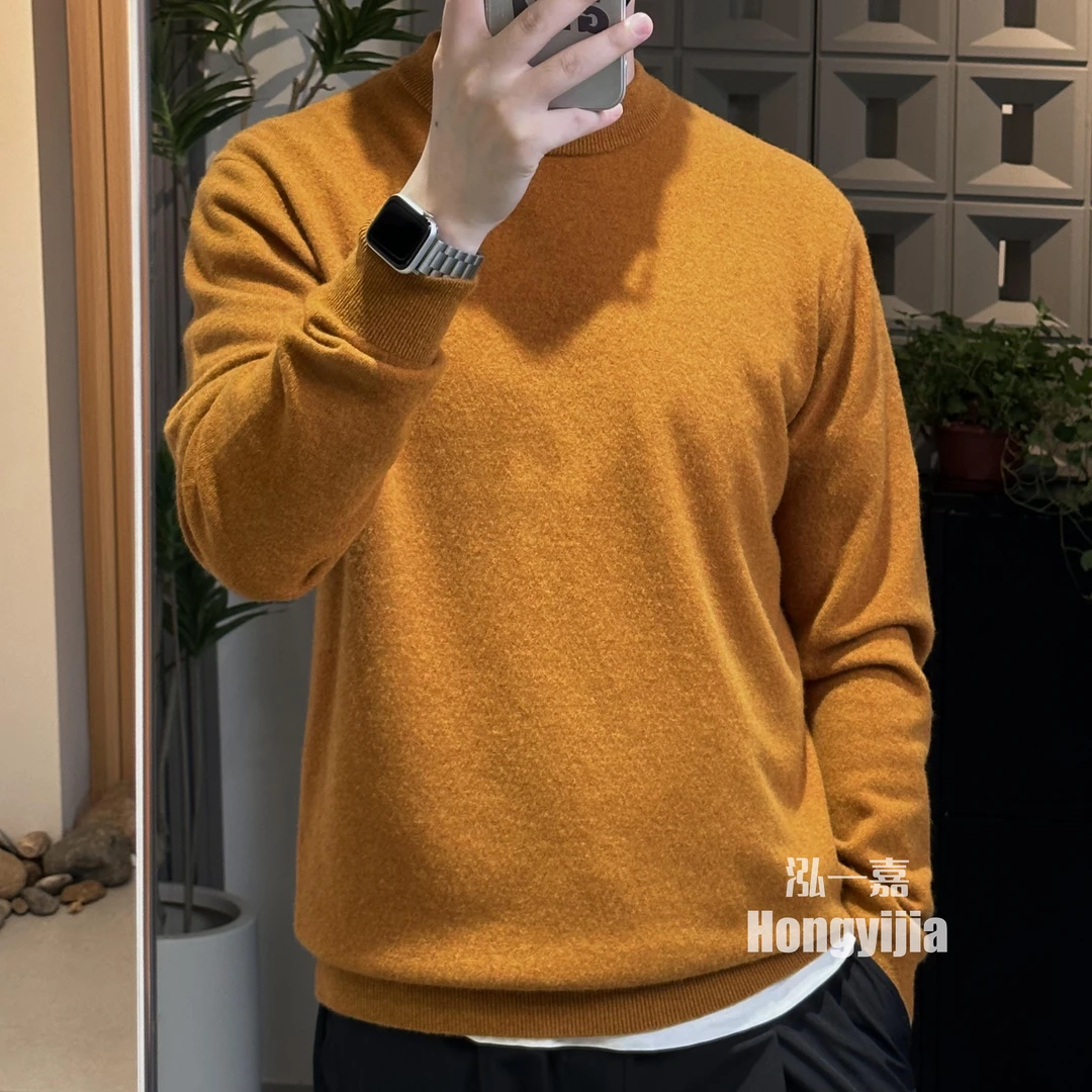 【100羊毛】12针蓬松纯色圆领秋冬羊毛衫J净版全毛男士打底衫百搭