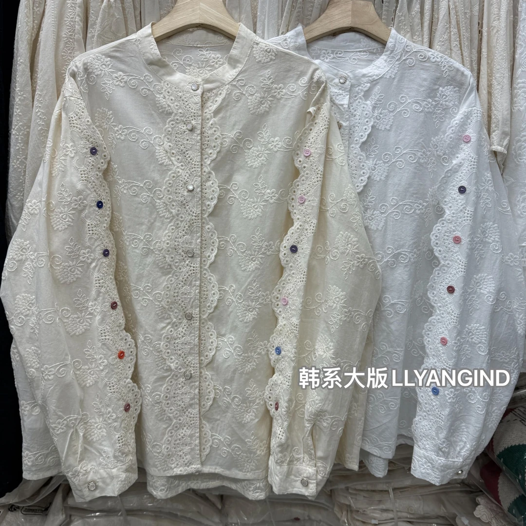 25年春季新款纯棉立领设计感衬衫长袖刺绣绣花衬衣上衣