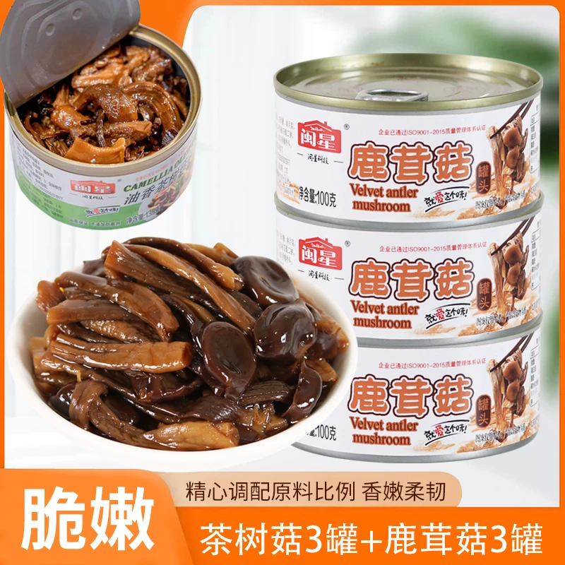 闽星鹿茸菇3罐+茶树菇3罐组合开罐即食下饭下酒菜菌类开罐即食