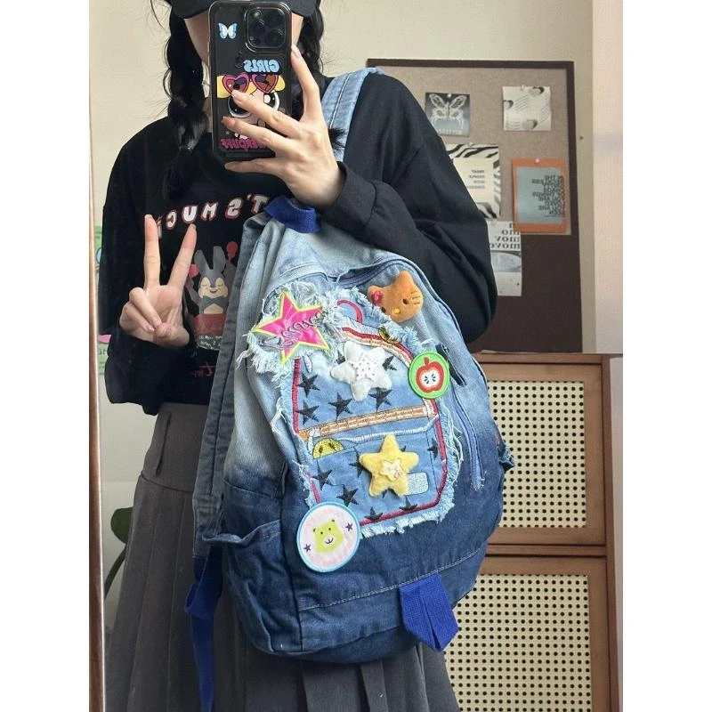 自制款超多星星贴牛仔帆布渐变卡通甜美可爱百搭书包大学生双肩包