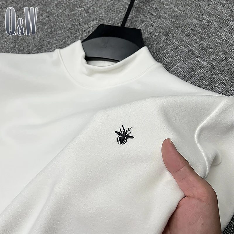 高端刺绣磨毛双面德绒打底衫男半高领秋冬季韩版修身t恤男短袖潮