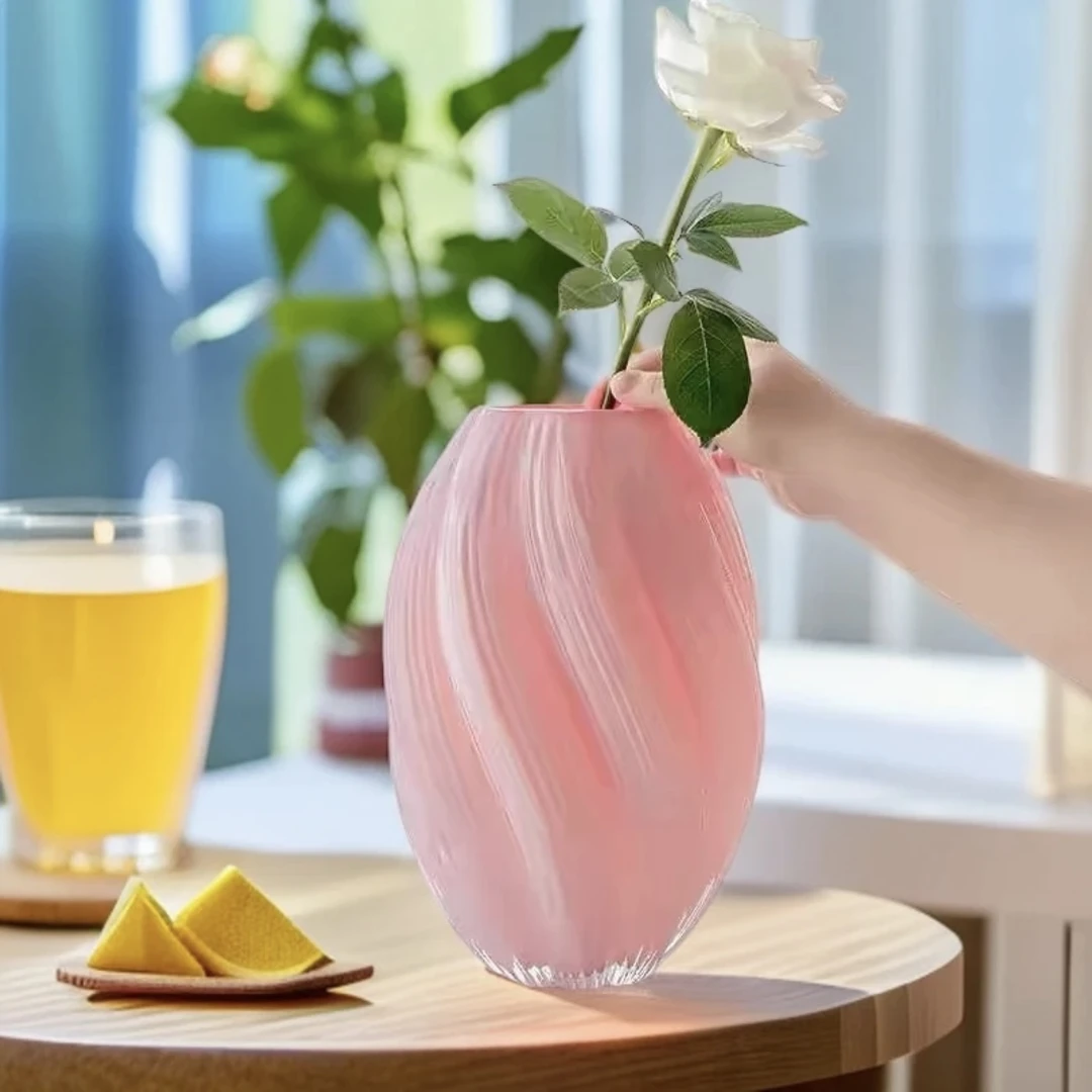 北欧风粉色麦芽糖螺旋不规则扭曲玻璃花瓶现代酒店家居装饰品花器