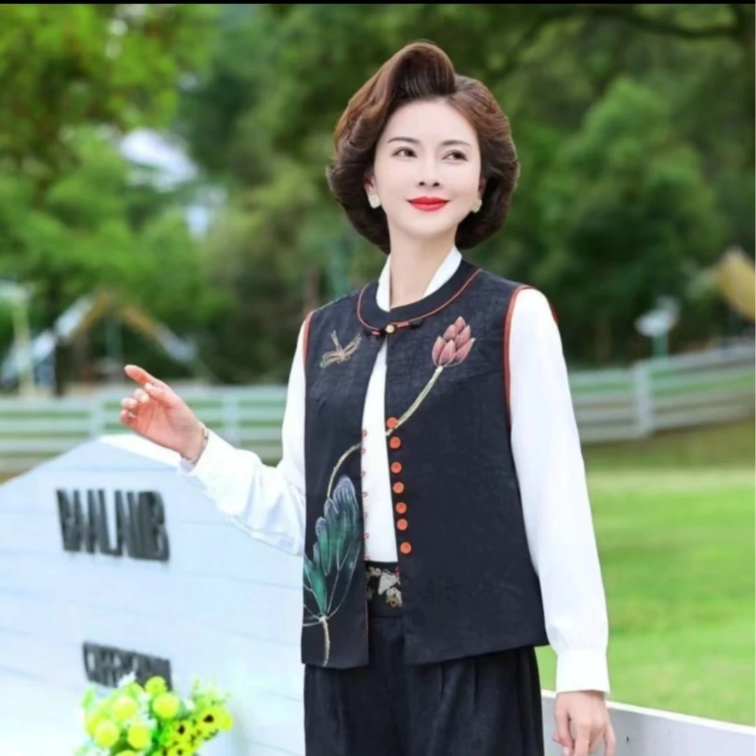 荷花-春秋新中式复古彩绘双面穿马甲中国风时尚百搭