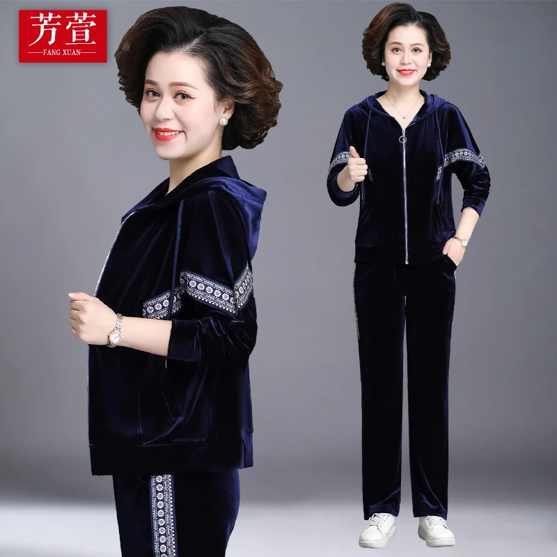 新中式妈妈秋装运动套装女新款洋气外套中老年人金丝绒春秋两件套