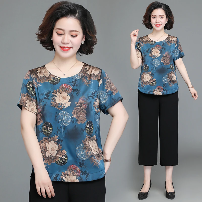 母亲节妈妈夏装短袖T恤女装中老年洋气大码奶奶装上衣服两件小衫