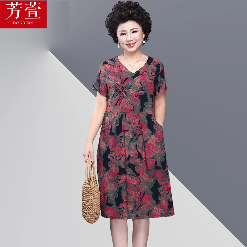 中老年人棉绸连衣裙妈妈夏装短袖女奶奶衣服洋气宽松裙子