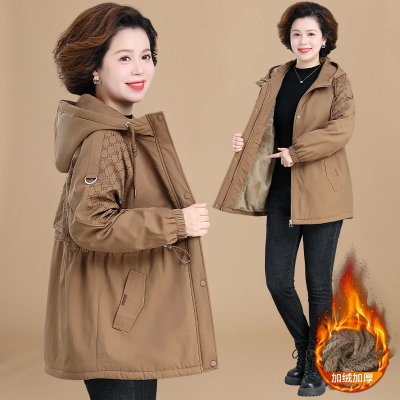 妈妈春装外套洋气2023新款中长款风衣女中老年秋冬加绒加厚上衣服