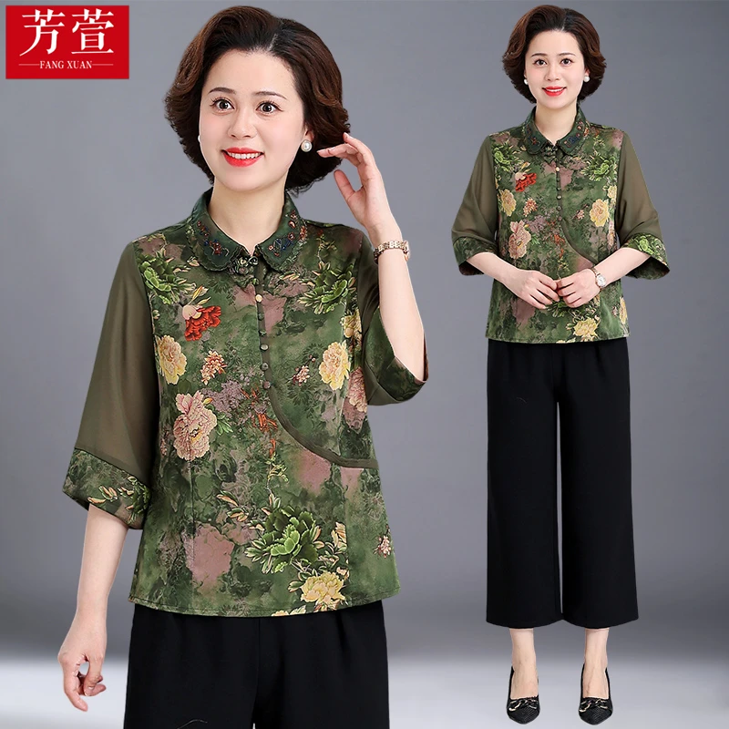 芳萱大码妈妈夏装新国风上衣女中老年奶奶装印花爆款小衫洋气