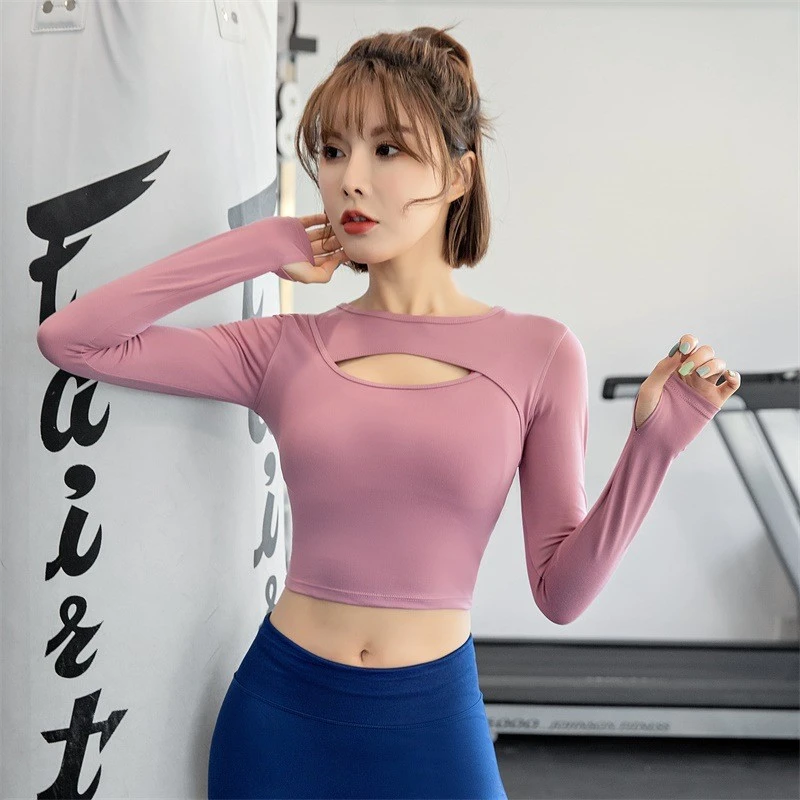 网红款性感露脐运动上衣女长袖高腰健身服速干T恤跑步训练瑜伽服