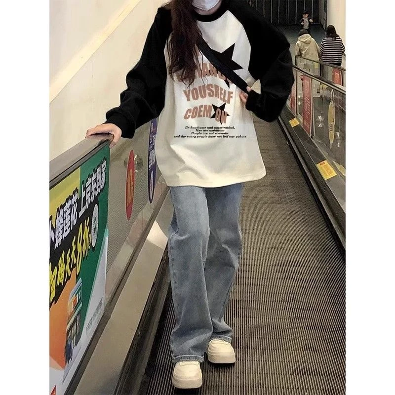 纯棉美式复古拼接插肩长袖t恤女秋oversize设计小众黑白撞色卫衣