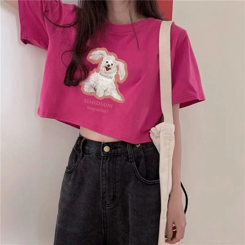 纯棉短款T恤复古印花正肩圆领百搭小个子火龙果色纯欲风女上衣潮