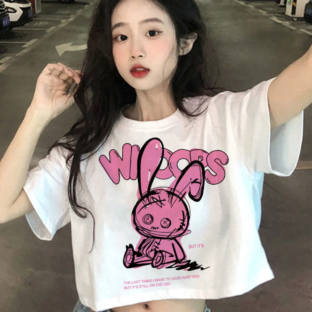 纯棉正肩T恤女夏季2023新款印花小个子百搭宽松短款甜辣短袖上衣