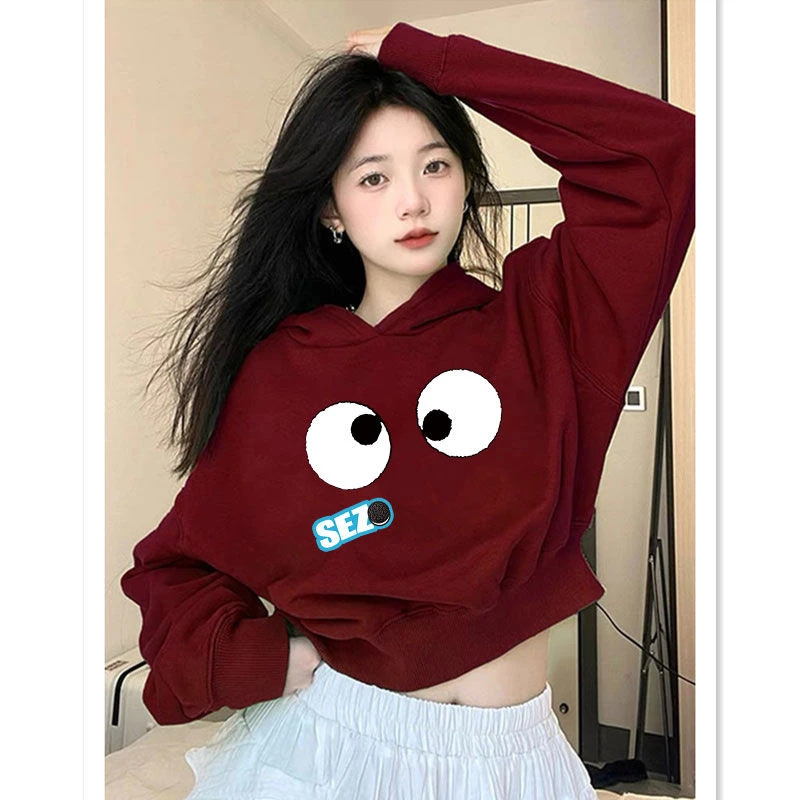 美式酒红色连帽卫衣女秋冬季2023新款加绒宽松小个子短款外套上衣