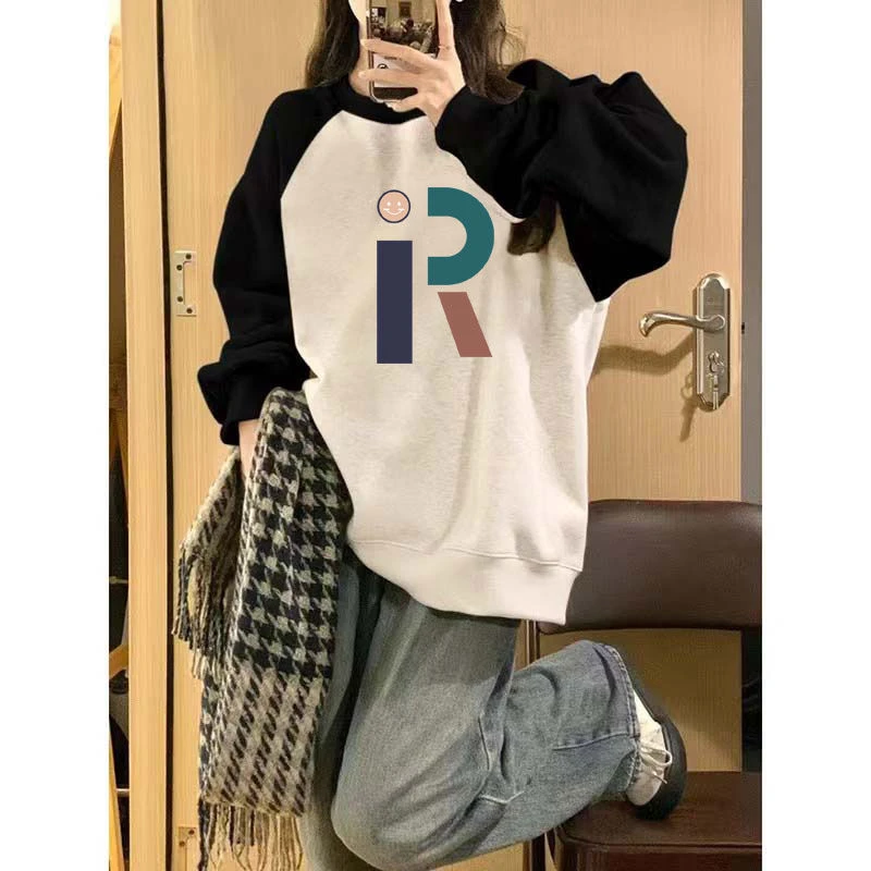 重磅棉质美式慵懒chic插肩袖卫衣女春秋款新宽松圆领无帽上衣洋气