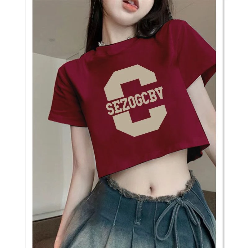 纯棉夏季新款复古印花短款t恤女高腰显瘦正肩短袖圆领辣妹上衣女