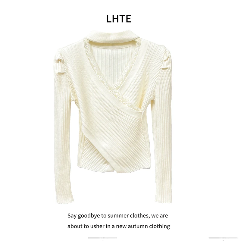 青青大码女装纯欲挂脖V领毛衣女秋冬设计感黄色打底针织上衣C2239